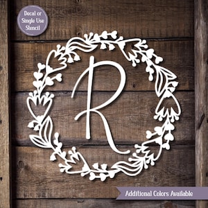 Floral Wreath Monogram DECAL or STENCIL Noodle Board Decal Personalized Name Monogram Family Name Decal DIY Wedding Sign Decal Vinyl Stencil