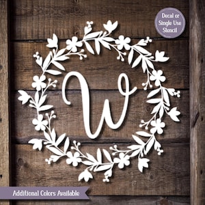 Personalized Monogram Decal or Stencil in Floral Wreath Floral Monogram Decal Car Decal Sticker Custom Home Decor Noodle Board Decal Laptop