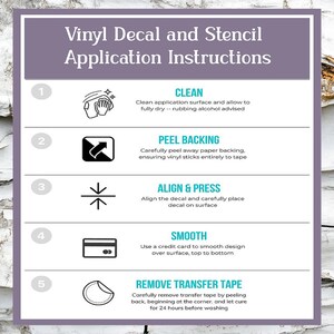 Vinyl Decal and Stencil Application Instructions 1. Clean Area 2. Peel Backing 3. Align and press 4. Smooth with credit card 5. Remove Transfer Tape Blusheree