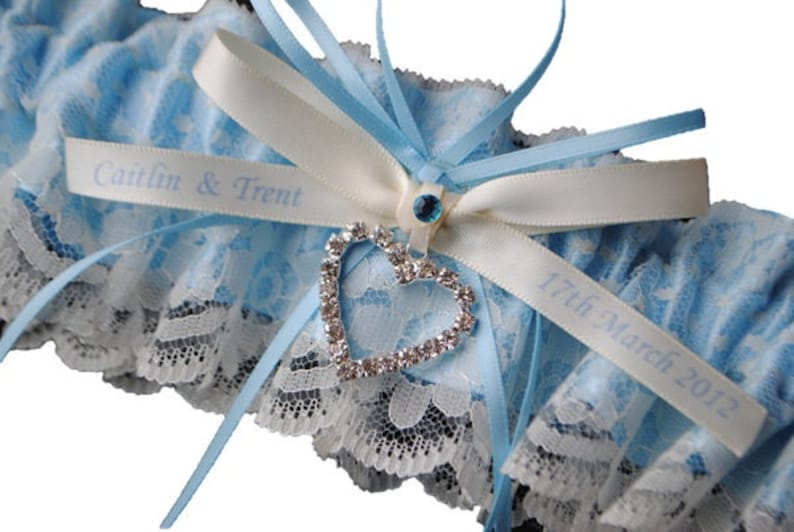 beautiful personalized blue satin and Ivory Lace with heart vintage garter Wedding Garter set name garter