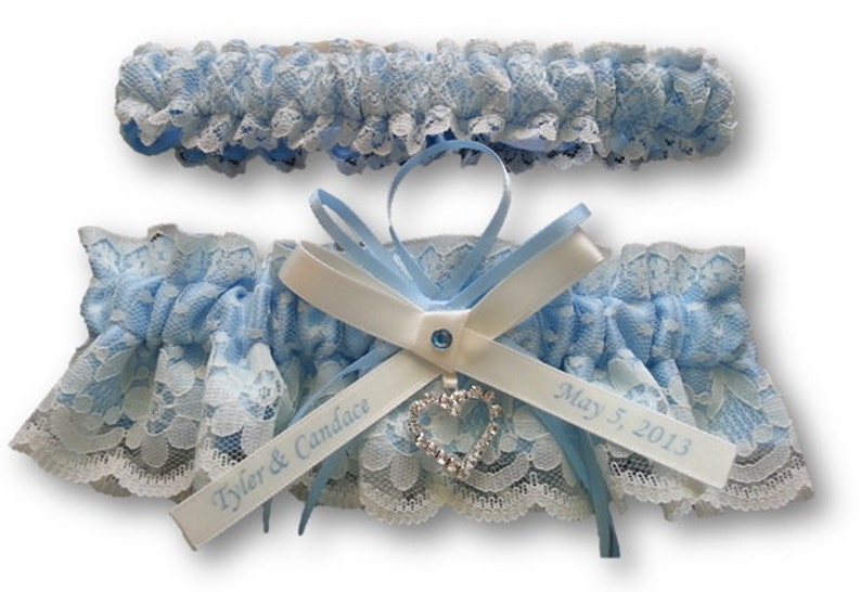 beautiful personalized blue satin and Ivory Lace with heart vintage garter Wedding Garter set name garter