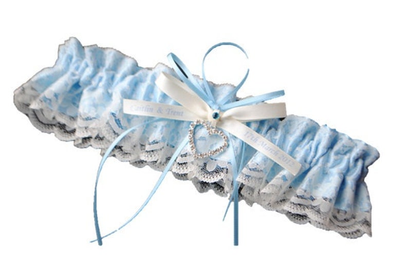 beautiful personalized blue satin and Ivory Lace with heart vintage garter Wedding Garter set name garter