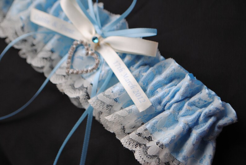 beautiful personalized blue satin and Ivory Lace with heart vintage garter Wedding Garter set name garter