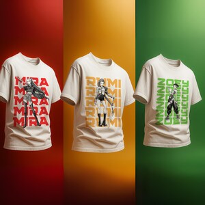 May include: Three off-white t-shirts with unique graphic designs. The first shirt features the text "MRA" in red, with an illustration of a woman. The second shirt displays the name "RUMI" in orange, with a woman illustration. The third shirt has the text "ROSE" in green, with a woman illustration.