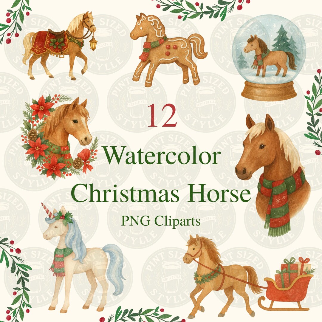 Watercolor Christmas Horse Clipart Bundle, 12 High Resolution 300dpi ...