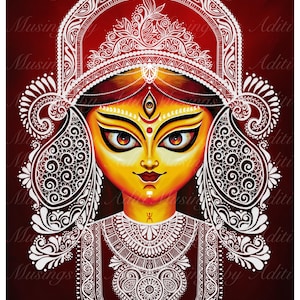 Puede incluir: Ilustración vibrante de una deidad con una tez amarilla cálida, adornada con intrincados patrones blancos. La obra presenta un fondo rojo y el texto "Musings by Aditi". La deidad tiene ojos grandes y una expresión serena.