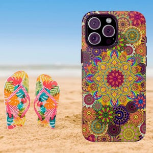 Bunte Boho Blumen Mandala Handyhülle, robuste glänzende Schutzhülle für iPhone 16 15 14 & Samsung S24 S23 S22, Sommer Geschenk für Sie