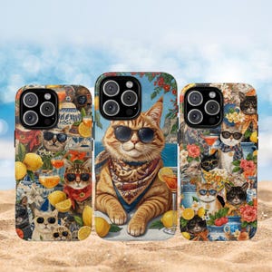 Puede incluir: Tres fundas para teléfono con un patrón repetitivo de gatos naranjas y atigrados con gafas de sol y pañuelos estampados, rodeados de limones, jarrones de cerámica azul y blanca y cócteles tropicales sobre un fondo costero.