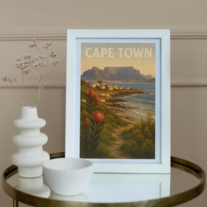 Impresión de Ciudad del Cabo: Arte mural costero de Sudáfrica, póster con paisaje de la Montaña de la Mesa, escena de viaje, descarga digital