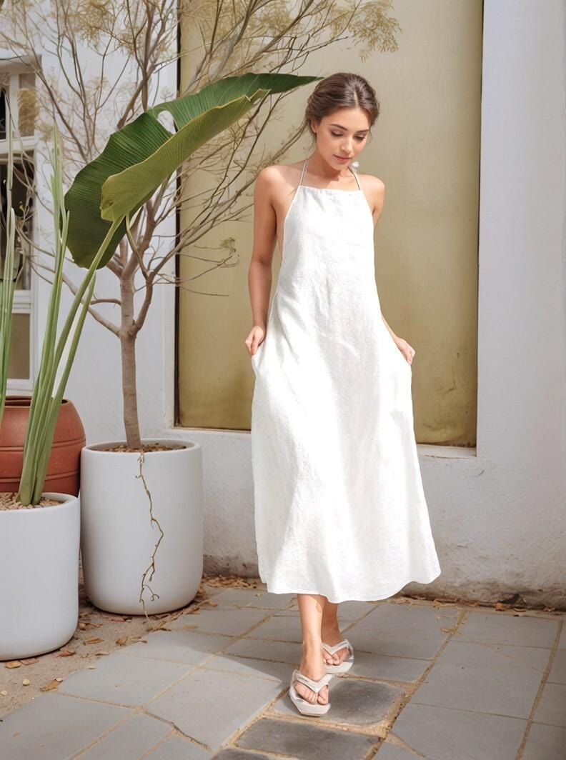Linen Pinafore Sundress COAST, Open Back Slip Dress, Low Back Infinity Summer Dress for Women
