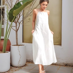 パーティードレス Open Back Pinafore Dress Linen Pinafore Dress, Linen Sundress, Open Back Dress
