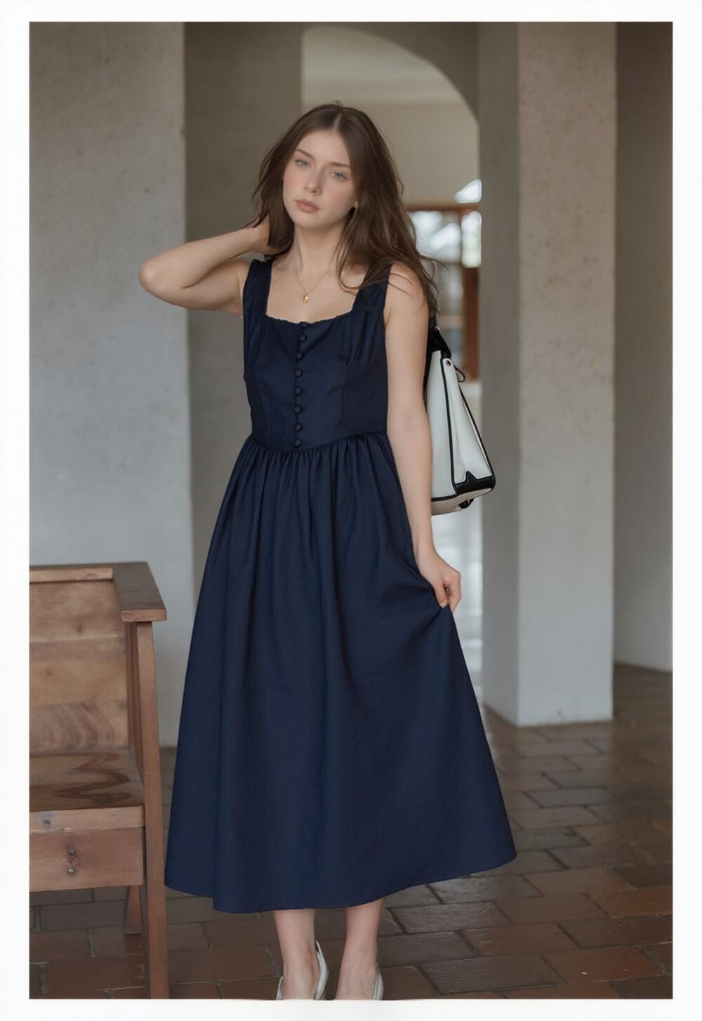 Sleeveless A-Line Linen Dress with Pleats, Button Front Summer Sundress, Elegant Beach Wedding Guest Dress ZORA
