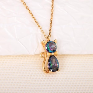 14k Gold Mystic Topaz Cat Necklace, Sterling Silver Bow-tied Pendant