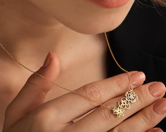 Family Birth Flower Necklace, Gold Birth Month Flower Necklace, Tiny Birth Flower Charm Necklace, Dainty Gift For Mom, Custom Birthday Gift