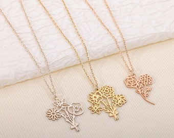 Personligt halsband i sterlingsilver med födelseblomma: Anpassad familjebukett