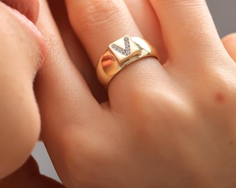 Personalize Stone Letter Ring, Gold Initial Letter Ring, Diamond Initial Ring, Silver Monogram Ring, Ring for Women, Christmas Gifts for Her