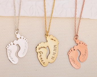 Custom New Mom Necklace with Baby Name, Dainty Engraved Necklace For New Mom, Gold Baby Footprint Name Necklace, Silver Baby Foot Necklace