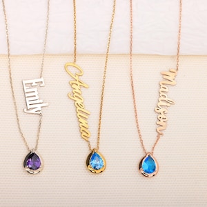 Alexandrite Birthstone Name Necklace, Custom Name Necklace with Birthstone, Dainty Necklace Birthstone, Gold Name Necklace, Birthday Gift
