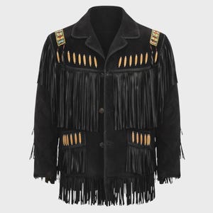 Men’s Black Suede Western Fringe Jacket Native Cowboy Beaded Leather Coat Vintage Style