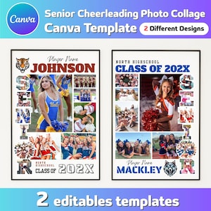 May include: Two senior cheerleading photo collage templates. The templates feature photos of cheerleaders, team logos, and text that reads "Senior Cheerleading Photo Collage Canva Template" and "2 Different Designs". The templates are editable.