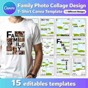 Puede incluir: Camiseta blanca con un diseño de collage de fotos familiares. La camiseta muestra un collage de fotos familiares con la palabra "FAMILY" en letras negras grandes. La imagen también muestra 15 plantillas editables para camisetas.