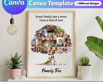 Plantilla de collage de fotos de árbol genealógico de Canva / Marcos de árbol de Canva / 6 diseños diferentes / Foto de arrastrar y soltar / Regalo de aniversario / Fácil de usar