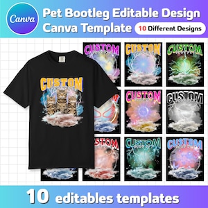 Pode incluir: Camiseta preta com um gráfico de três gatos tigrados e o texto "CUSTOM your pet". A imagem também mostra 10 modelos de design editáveis com fundos de raios e nuvens. O logotipo da Canva é visível.
