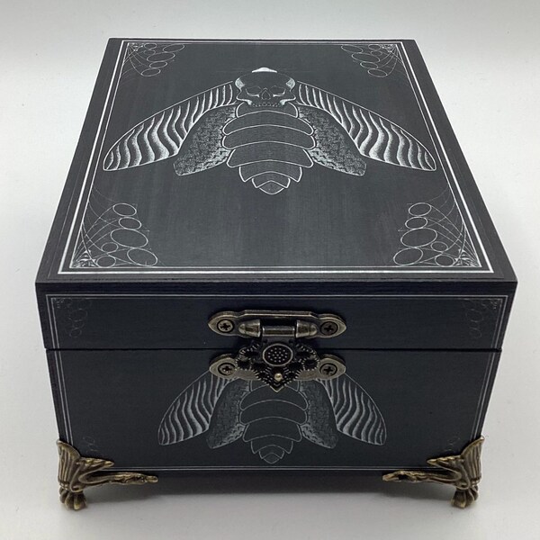 Death’s Head Moth Pine Jewelry Box With Mirror And Velvet Interior