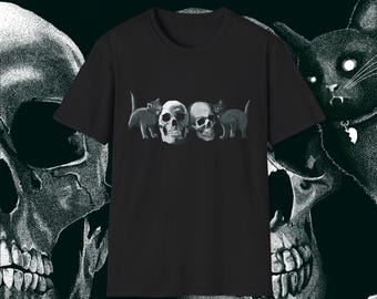Cats and Skulls Graphic T-Shirt, Original Art, Gothic Design, Morbid Tee