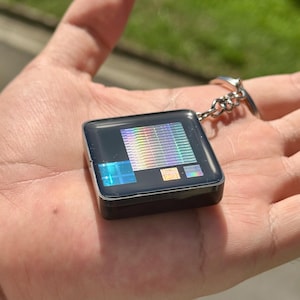 Può includere: Un portachiavi quadrato nero con una superficie lucida e elementi olografici incorporati. Il design presenta una grande griglia rettangolare di luce color arcobaleno, un quadrato blu più piccolo e due minuscoli quadrati color metallo.