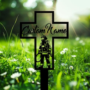 Personalized Fireman Memorial Metal Stake, Firefighter Cross Metal Sign, Firefighter Grave Marker, Fireman Loss Gift, Christian Firefighter