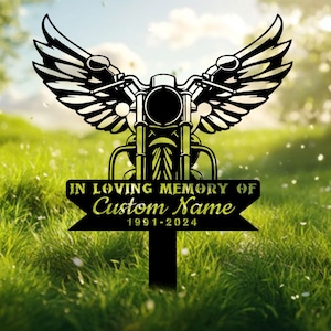 Personalized Rider Memorial Stake, Sympathy Sign, Motorcycle with Wings Metal Stake, Biker Memorial Sign, Riding with Angel, Biker Loss Gift