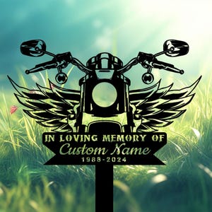Personalized Rider Memorial Stake, Sympathy Gift, Motorcycle with Wings Metal Stake, Riding with Angel, Biker Loss Gift, Biker Memorial Sign