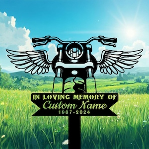 Personalized Rider Memorial Stake, Motorcycle with Wings Metal Stake, Biker Memorial Sign, Riding with Angel, Biker Loss Gift, Sympathy Sign