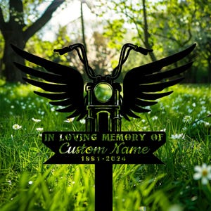 Personalized Rider Memorial Stake, Sympathy Gift, Motorcycle with Wings Metal Stake, Biker Memorial Sign, Riding with Angel, Biker Loss Gift