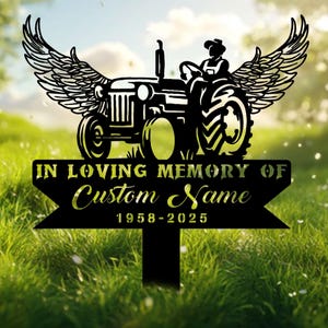 Grave Marker with Angel Wings, Father Gift, Farmer Memorial Sign With Tractor, Sympathy Gift, Remembrance Sign, Tractor Memorial Yard Sign