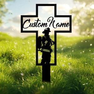 Personalized Fireman Memorial Metal Stake, Firefighter Cross Metal Sign, Firefighter Grave Marker, Fireman Loss Gift, Christian Firefighter
