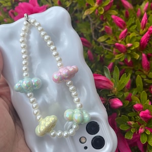 Correa de muñeca para teléfono con perla y nube / Abalorio brillante para teléfono / Regalo de Galentine