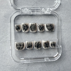 May include: A set of press-on toenails in a clear plastic case. The nails are a light beige color with a black tribal design. The case is open, revealing the full set of nails.
