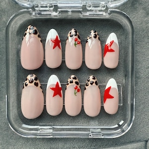 Leopard French Tip Press On Nails | Red Star Nails | Cherry Nail Art | Custom Handmade Reusable Nails | Trendy Long Coffin Stiletto Almond