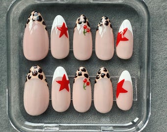 Leopard French Tip Press On Nails | Red Star Nails | Cherry Nail Art | Custom Handmade Reusable Nails | Trendy Long Coffin Stiletto Almond