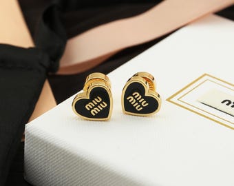 Black enamel MM Sweet heart earrings 18K gold plated earrings Women's Gift