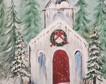 Wintry Church in the woods spiritual art painting