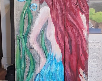 Mermaid red hair 3ft reclaimed wood art painting nautical beach home decor