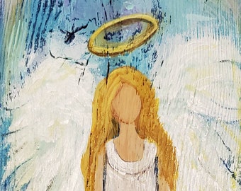 Angel abstract wings dress home decor rustic wood farmhouse spiritual small travel size special gift art painting
