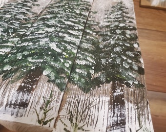 Pine trees evergreen mountain spring snow winter magic rustic art home lodge cabin reclaimed wood painting