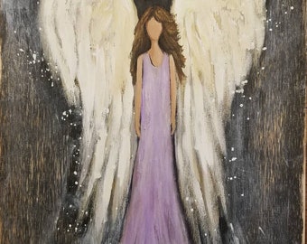 Reclaimed Wood Angel Painting, Lavender Dress, Distressed Rustic Decor