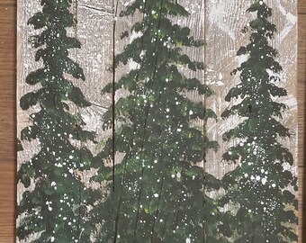 Pine trees evergreen mountain spring snow rustic art home lodge cabin reclaimed wood painting