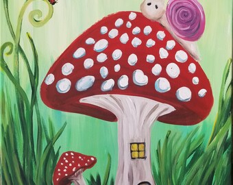 Mushrooms bug wild grass garden home art original painting canvas home decor