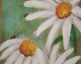 Daisies ladybugs Original Art Painting reclaimed Pallet wood farmhouse art home decor  flowers
